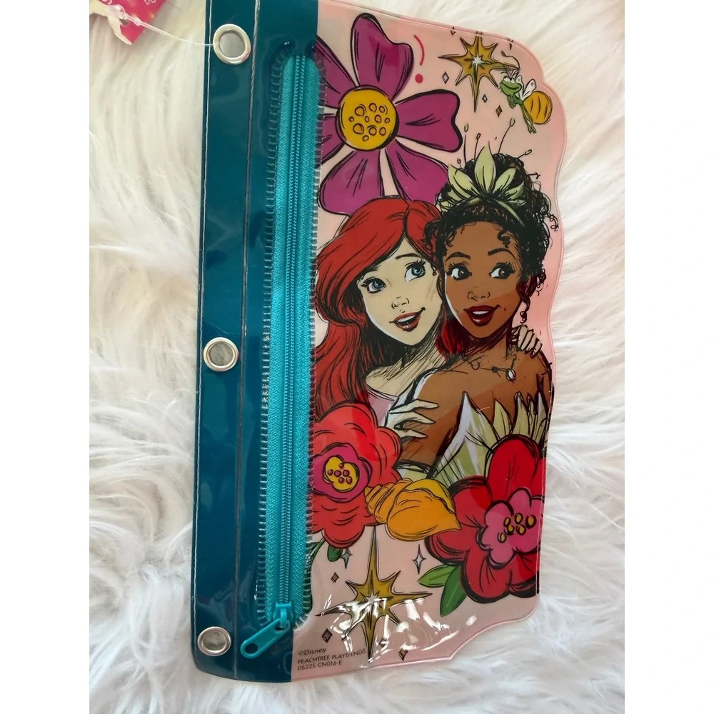 Disney Princess Pencil Pouch 3 Ring Binder Ariel Tiana Flounder Pink Teal NEW